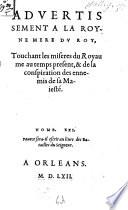 Advertissement à la royne mere du Roy touchant les misères du Royaume