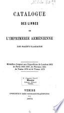 Catalogue des livres de l'imprimerie Armenienne de Saint-Lazare