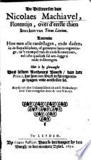 De Discoursen van Nicolaes Machiavel, Florentijn, over d'eerste thien Boecken van Titus Livius