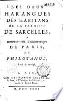 Les Deux harangues des habitans de la paroisse de Sarcelles, à Monseigneur l'archevêque de Paris, et Philotanus, revû & corrigé