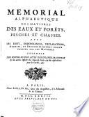 Mémorial alphabétique des matières des eaux et forêts, pesches et chasses, avec les édits, ordonnances, déclarations, arrests, et réglemens rendus jusqu'à présent sur ces matières. Ensemble les modèles des actes des grands-maistres & des autres officiers des eaux & forêts ; & des instructions pour les gardes, &c..