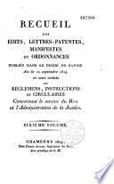 Recueil des édits, lettres-patentes, manifestes et ordonnances publiés dans le Duché de Savoie dès le 10 septembre 1814...