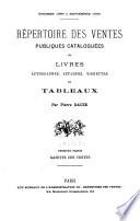 Repertoire des vente publiques cataloguées de livres, autographes, pstampes, vignettes et tableaux