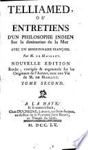 Telliamed, ou entretiens d'un philosophe in dien avec un missionnaire francoise sur la diminution de la Mer: Nouv. ed